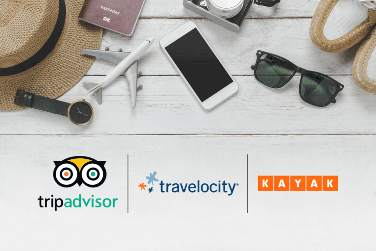 TripAdvisor, Travelocity & Kayak logos for teardown on online travel agents