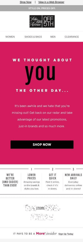 Saks Off 5th email for win-back segments