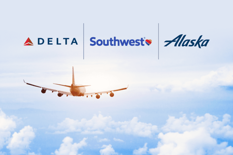 Stock photo of airplane with Delta, Southwest & Alaska Airlines logos