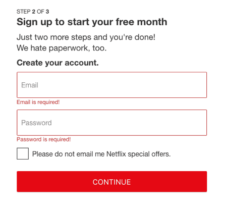 Netflix post-click experience: Create your account