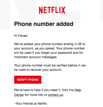Netflix post-click experience: Phone number added