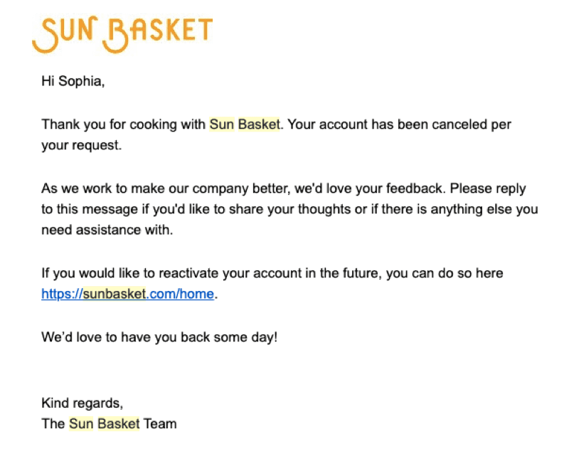 Sun Basket Churn Email