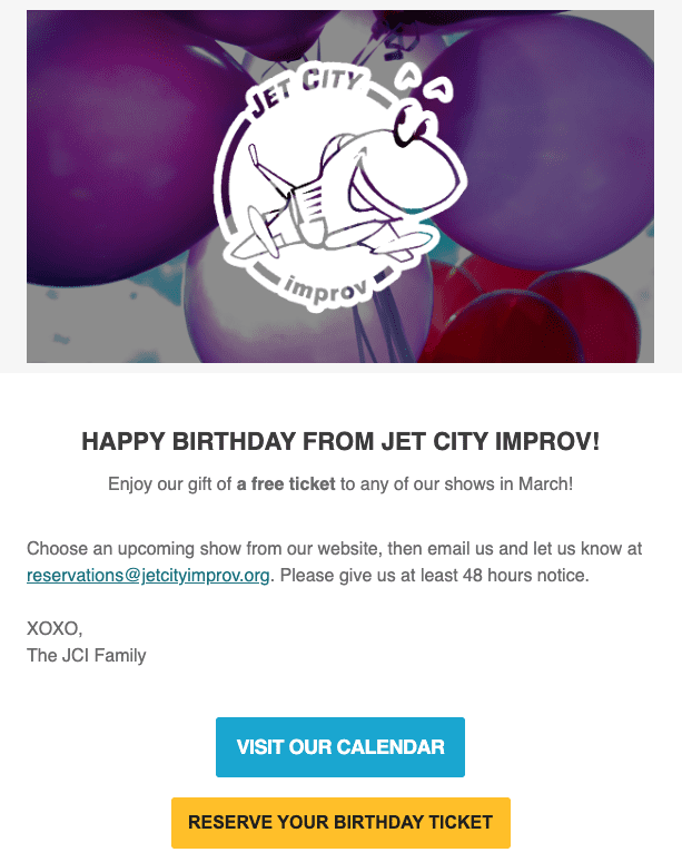Jet City Improv birthday email