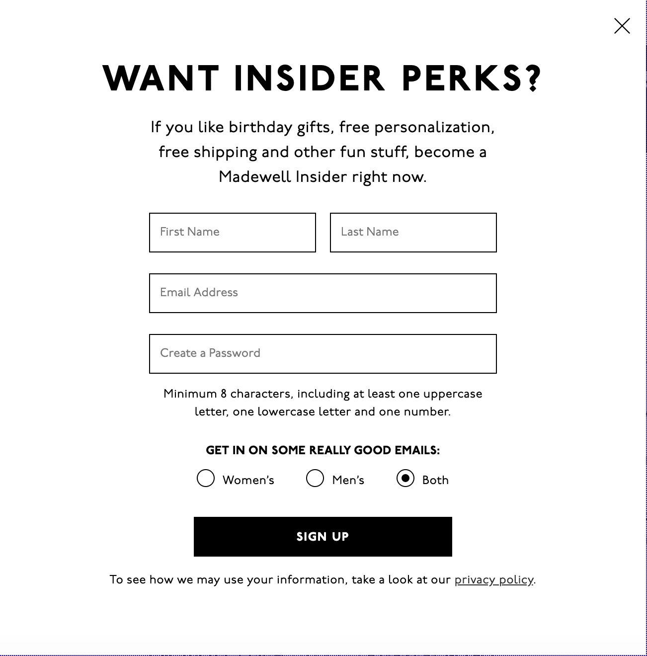 Madewell birthday sign-up form