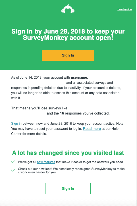 SurveyMonkey reactivation email