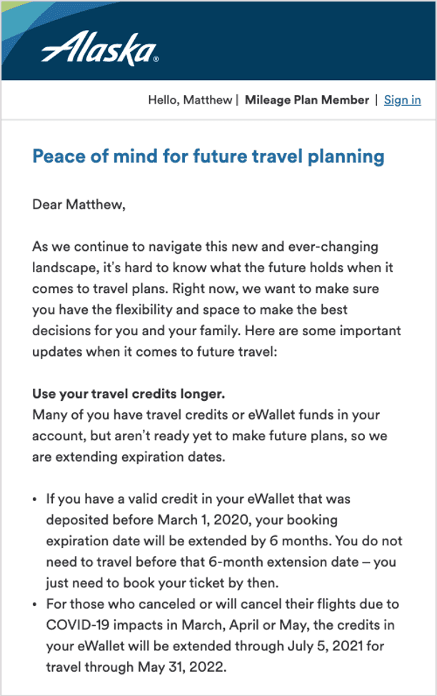 Alaska Airlines travel credits email