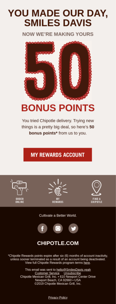 Reciprocity - Rewards email from Chipotle