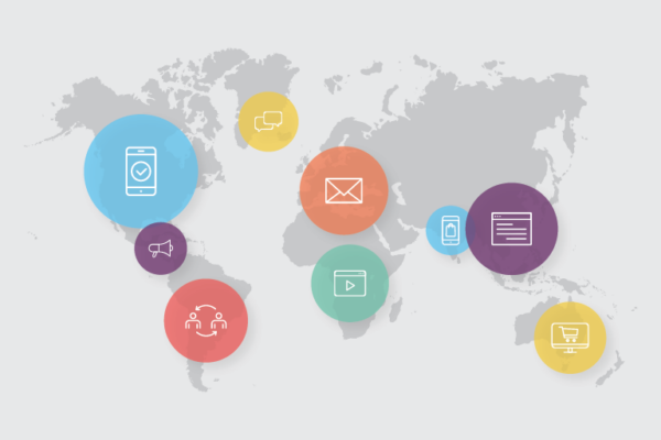 A world map illustrated with colorful circles and icons depicting the global trends in digital marketing