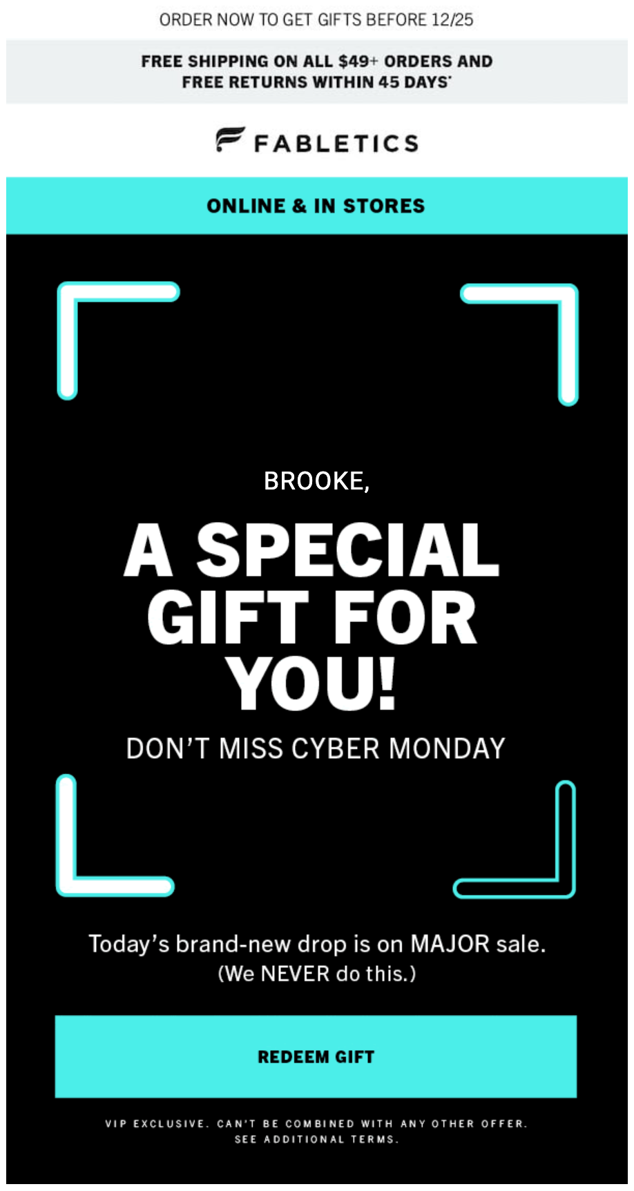 Fabletics' Cyber Monday Email with Customer Name