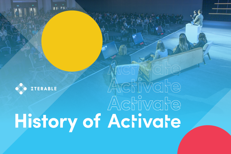 Photo from Activate 2023 with a blue overlay, red and yellow iterable nodes, and "History of Activate" written over it.