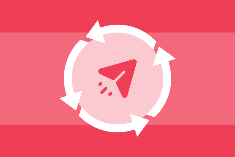 On the Iterable red background is a pink circle with white arrows circling the circle. In the middle of the circle is an Iterable red paper airplane to symbolize email.