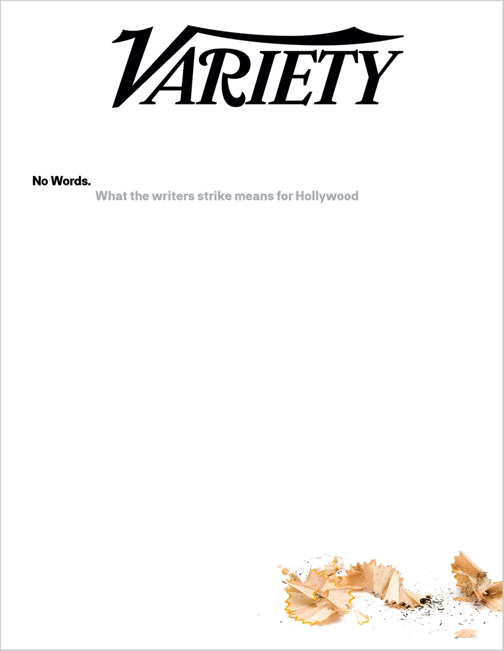 Variety Magazine Cover, blank other than nine words with pencil shavings in the bottom right corner