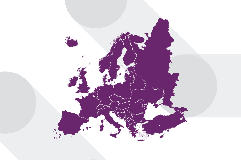 Purple map of europe with iterable nodes overlayed