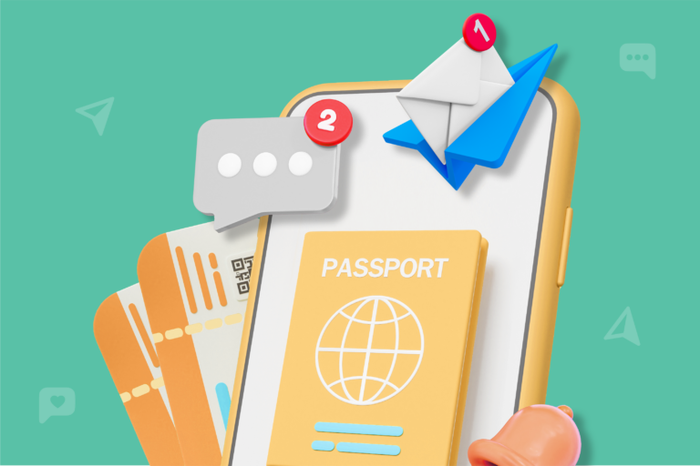 Stock illustration of a cell phone with passport, chat bubble, email icon and more emerging from the screen to appear 3D. Colors are yellows, teals, blues, and reds.