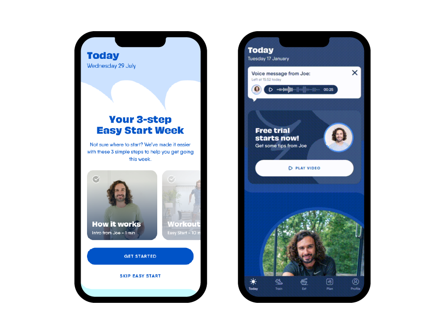 Two phone screens side by side show different pages of The Body Coach App. On the left is a get started screen, on the right is a screen showing what a Voice Note looks like in the app.