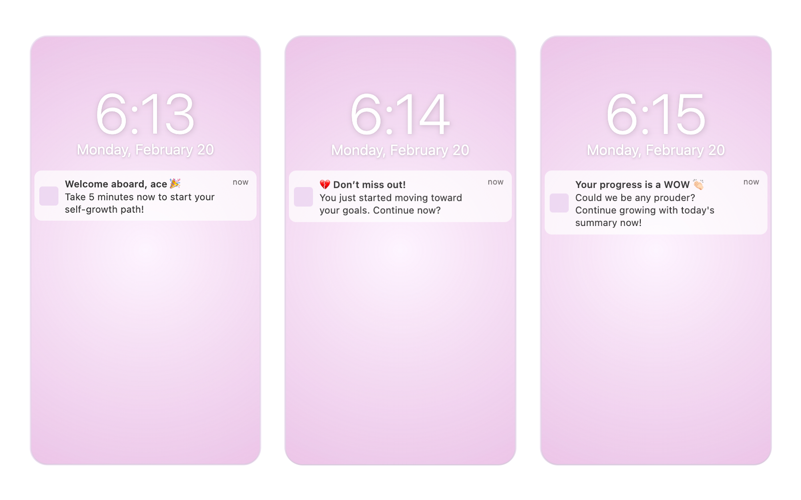 Three phone lock screens, with baby pink backgrounds, show three different push notifications from Headway.