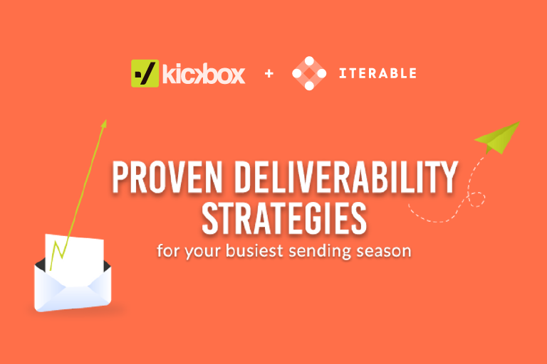 Orange background with Kickbox and Iterable Logos at the top with "Proven Deliverability Strategies" in the middle