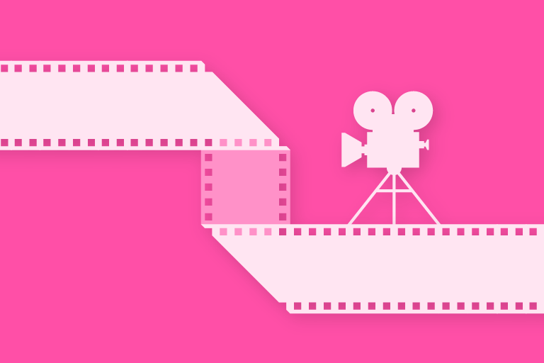 bright pink background with a light pink film strip running across. On the right is a light pink silhouette of an old-fashioned movie camera.
