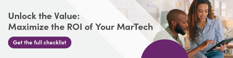 Banner featuring a couple on the far right side looking at a tablet. The left is a promotion for a martech checklist.