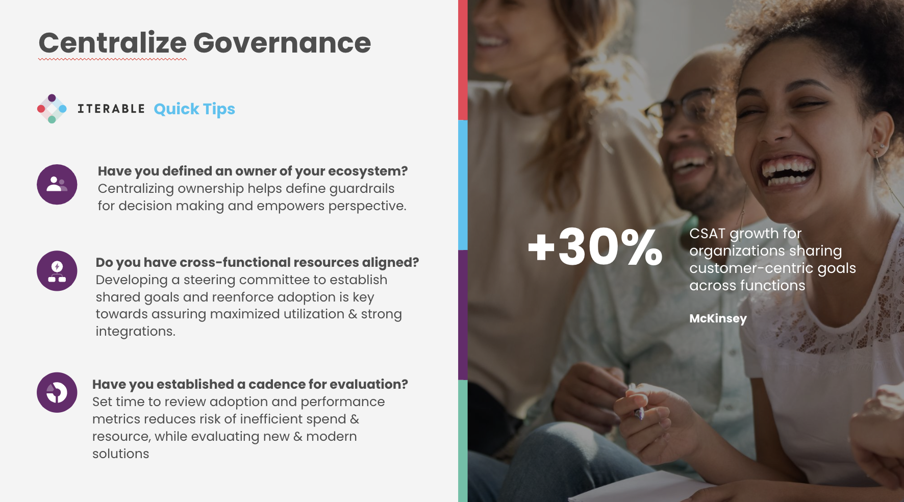 Slide from a deck showing some iterable quick tips on centralizing governance.