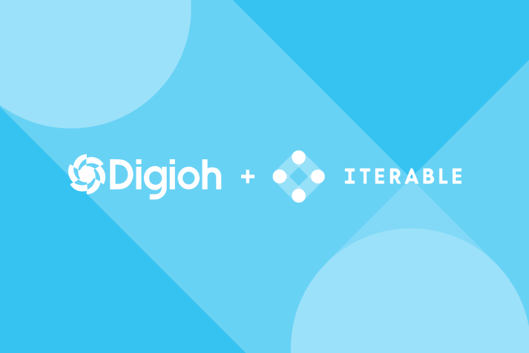 digioh and iterable logos on iterable blue background with iterable nodes overlay