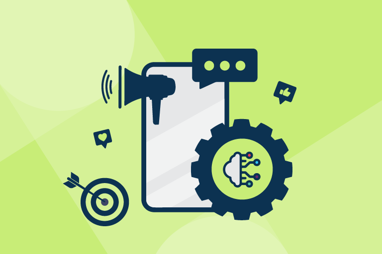 Iterable lime green background with white node overlay and icons of a phone, gears, megaphones, dart board in the middle