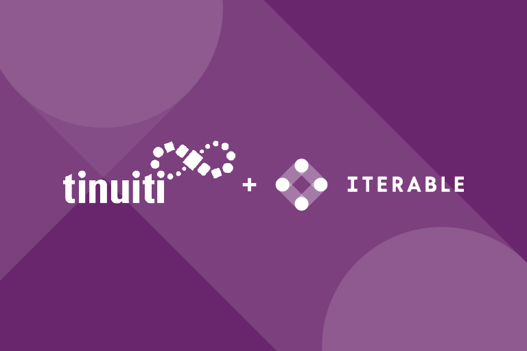 Tinuiti and iterable logos over iterable purple with iterable nodes overlaid