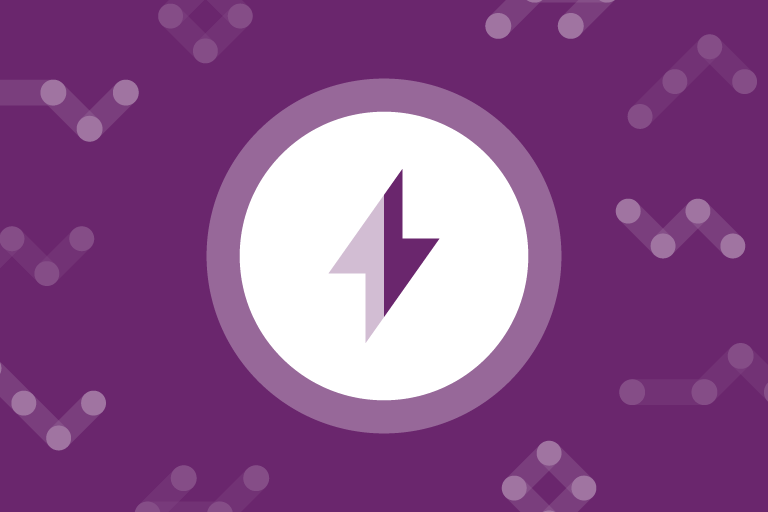 Iterable purple background with white nodes throughout and a white circle with lightning bolt cut out in the center.
