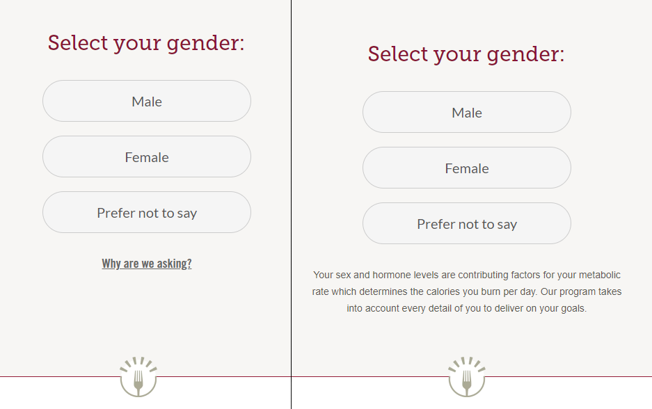 BistroMD page asking users to select their gender. On the right is the expanded "Why do we ask" link which explains how hormones impact metabolic rate.