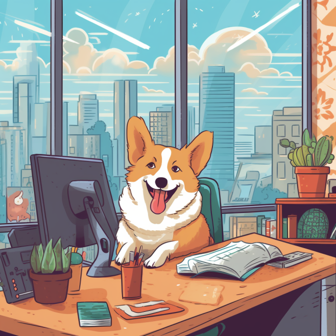 Cartoon Corgi sitting at a desk with a view of a city behind them.