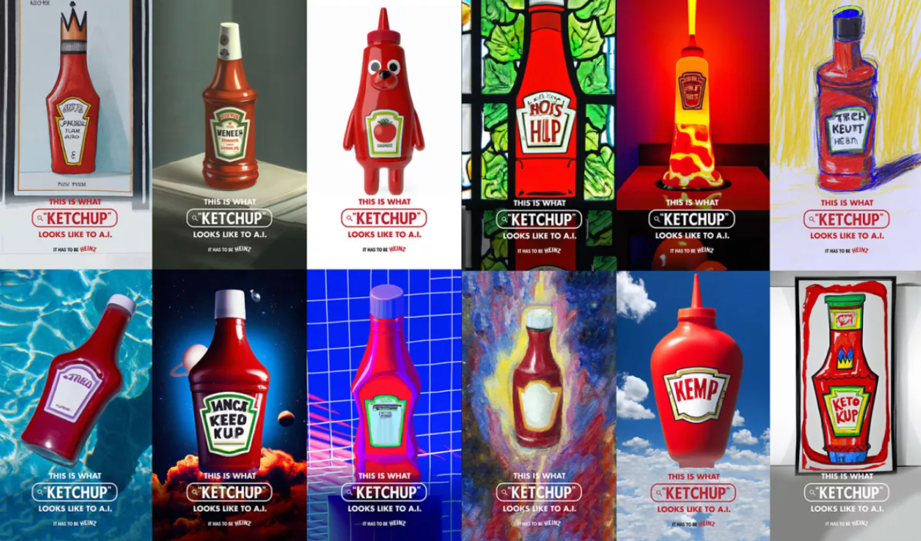 Grid with 12 AI-generated images of ketchup bottles, all reminiscent of the Heinz brand