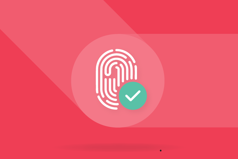 Finger print and checkmark over Iterable red to depict email authentication