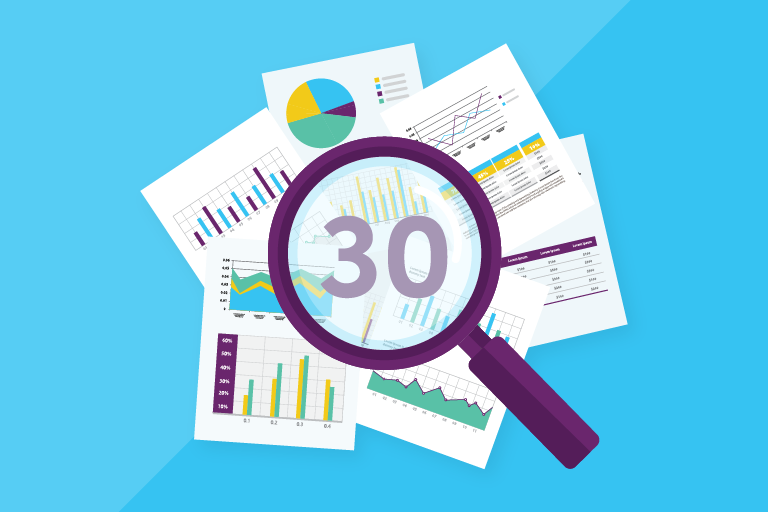 Iterable blue background with illustrated stack of papers with data visuals and a magnifying glass with the number 30 in the center on top