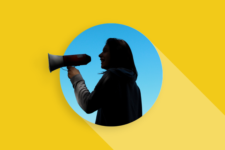 Silhouette of a woman with a megaphone in a blue circle over a yellow iterable background to depict Share of Voice