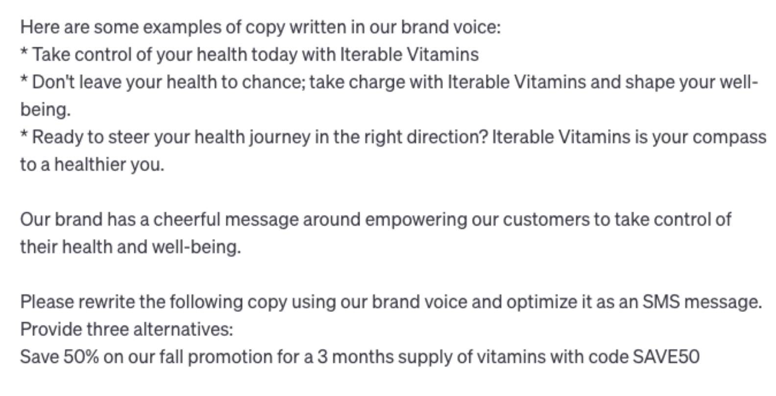 Example AI prompt for hypothetical brand Iterable Vitamins
