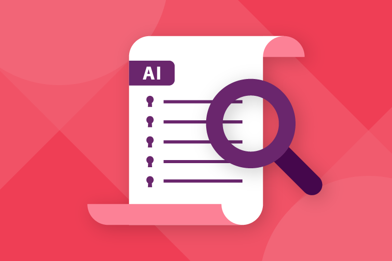 Illustrated list of AI terms with purple magnifying glass hovering over it on the right. The whole illustration is on an Iterable red background