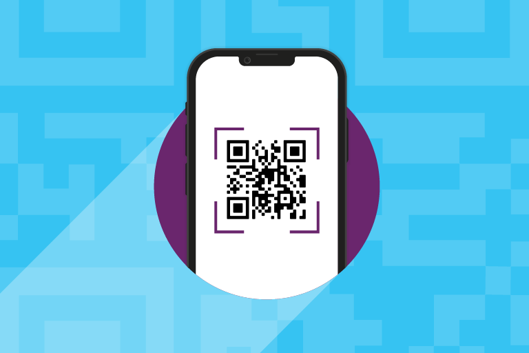 Illustrated mobile phone with a QR code that leads to Iterable's social pages.