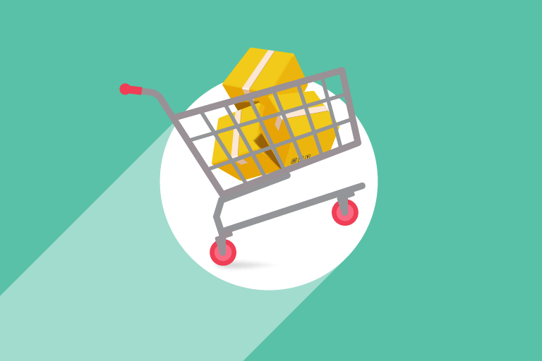 Iterable green background with white note extending to the center from the bottom left corner. A shopping cart with boxes sits in the middle of the node end.