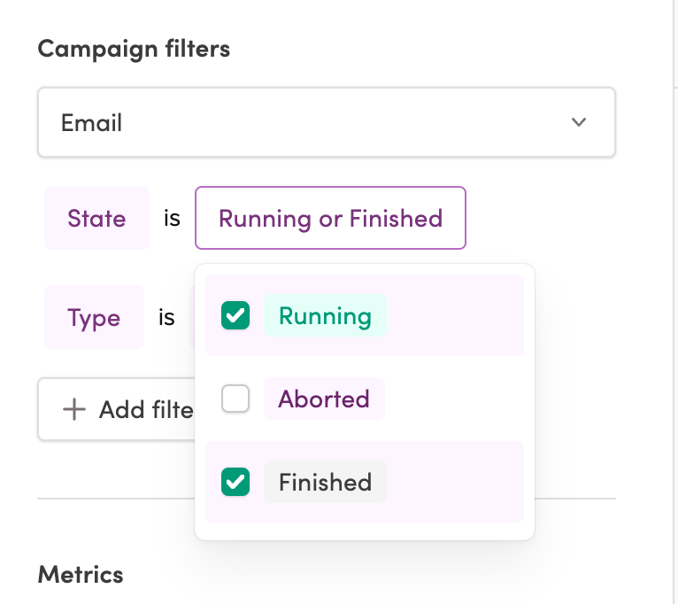 Iterable campaign filter showing running campaigns
