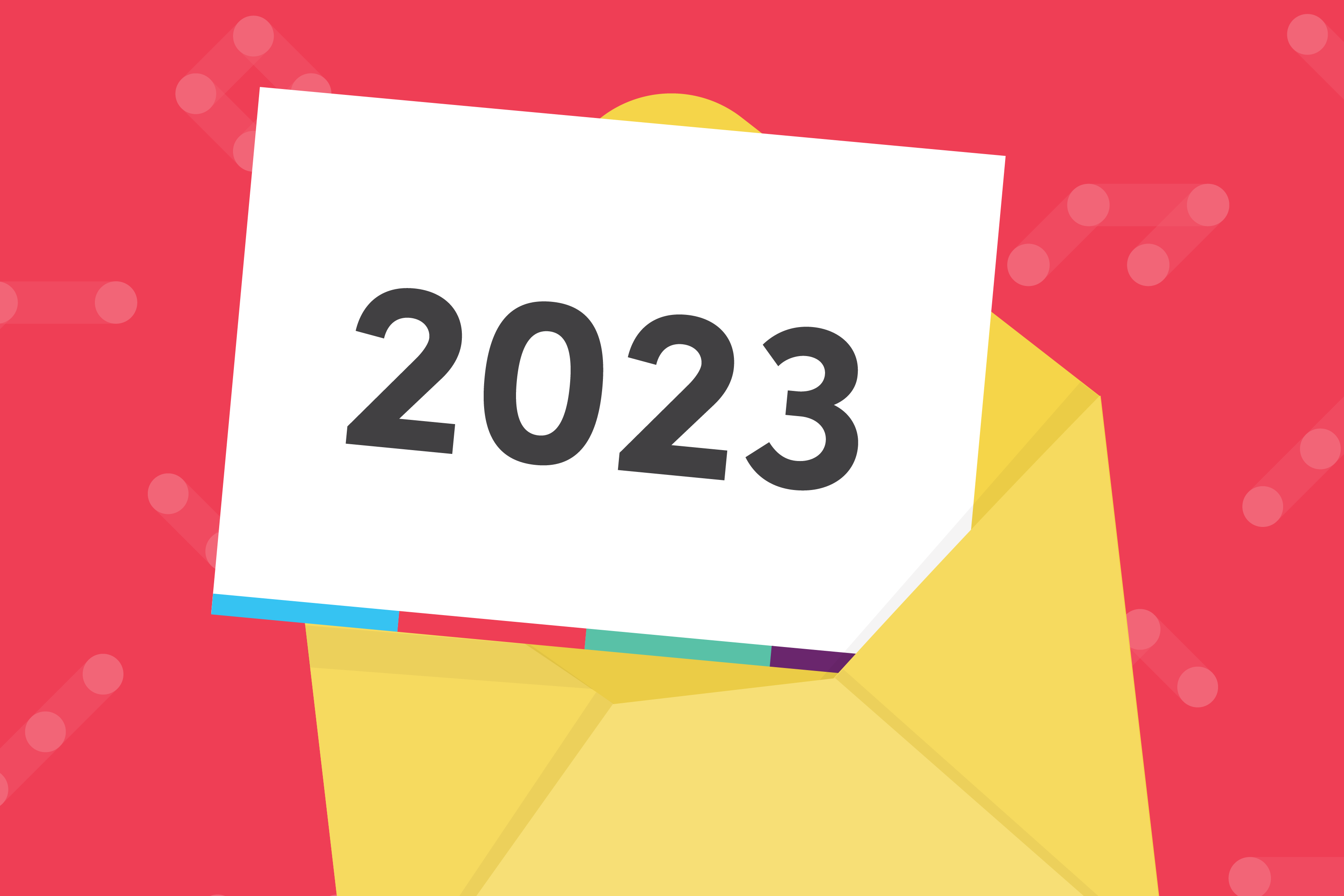 Red Iterable background with illustrated yellow envelope. Out of the envelope is a piece of paper that says 2023 on it.
