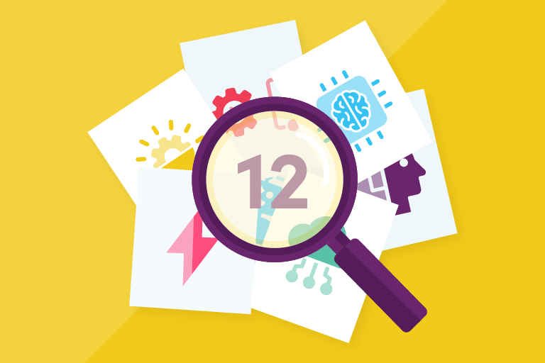 Iterable yellow background with illustrated pile of papers in the center. On top is an illustrated magnifying glass with the number 12 in the center.
