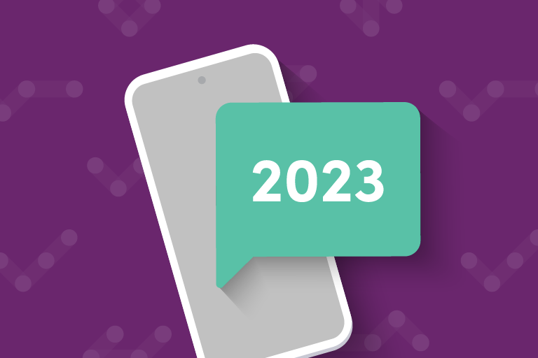 Iterable purple background, with illustrated smartphone and text bubble overlayed that says 2023 inside.