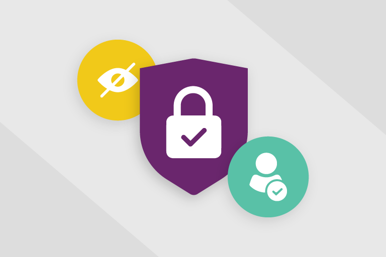 Purple shield with white lock in the center, on either side are circles with the "hide" icon and then the other has a person icon with a checkmark
