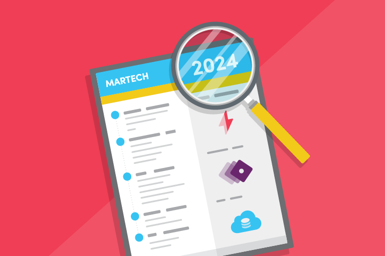Red background with illustrated martech report. A magnifying glass hovers over and englarges the year "2024."