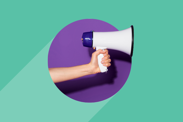 Iterable green background, purple node in the middle with a hand holding a megaphone