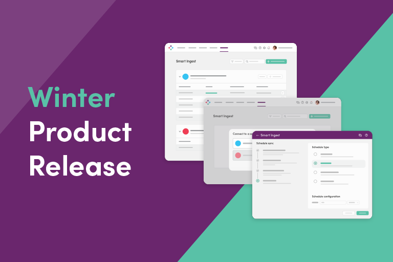 Purple background, teal lower bottom right corner. Screenshots of the Ingest Toolkit are to the right of the words "Winter Product Release."