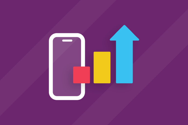 Purple background, white outline of a phone with a bar graph to the right of it. The bars are red, yellow and blue.