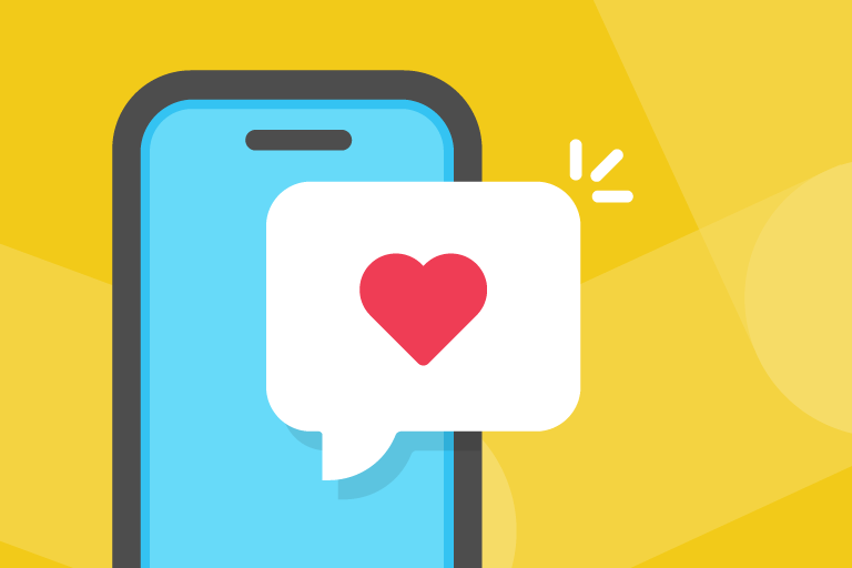 Yellow background with illustrated phone image. Coming out of the phone screen is a white chat bubble with a heart in the bubble.