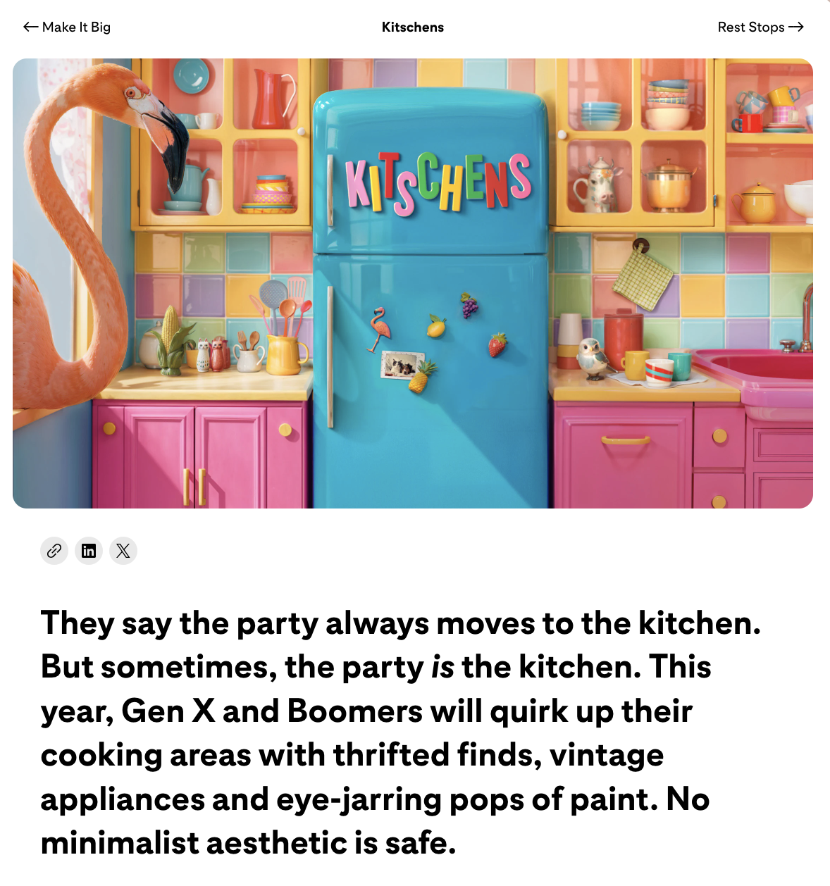 A brightly colored kitchen with orange shelves lined with brightly colored knick knacks. A pin counter with yellow counter tops flocks a turquoise refrigerator. On the refrigerator is letter magnets spelling out "Kitschen."