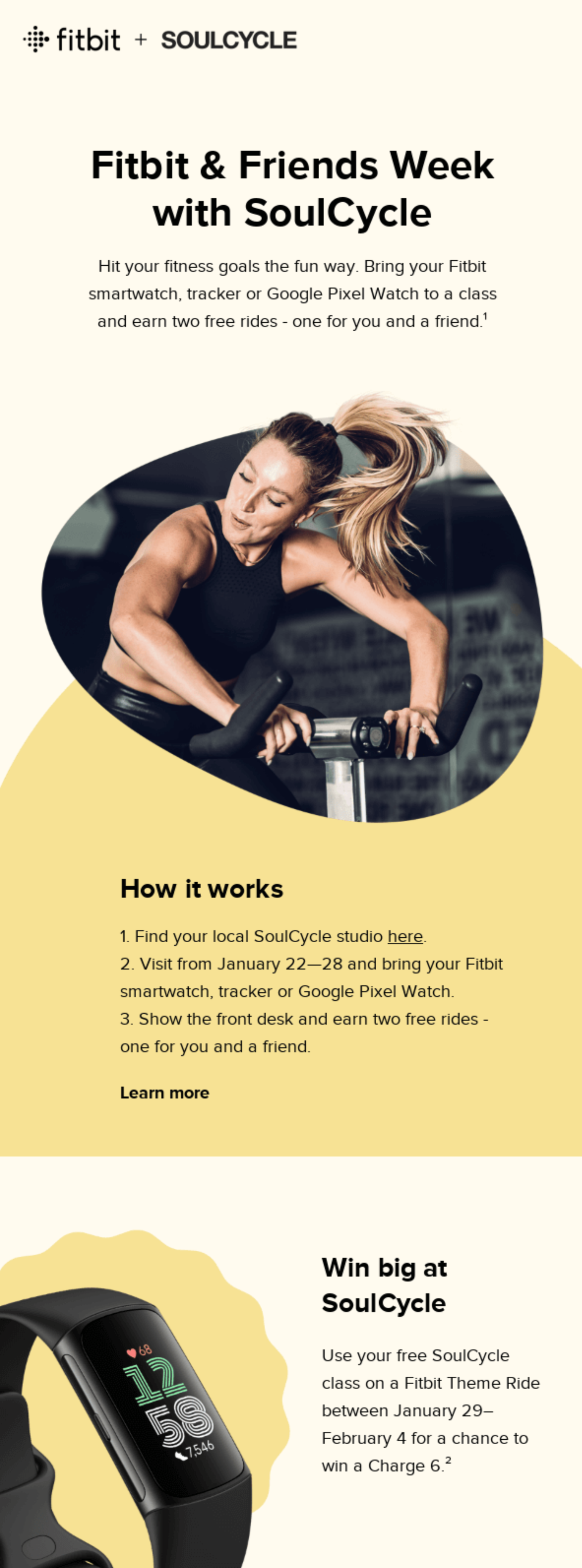 A long email featuring a photo of a woman on a spin bike. The photo is cropped in almost a rounded triangle shape and the woman's ponytail is coming out of the outline of the photo.